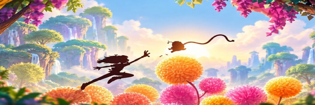 Two silhouetted animated characters leaping through a colorful fantasy forest filled with oversized flowers, representing Disney's new animation projects and voice cast announcements at D23 2026.