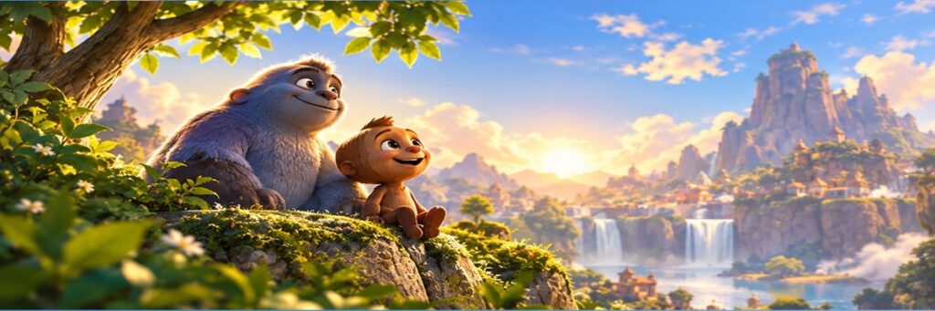 Wooden animated character and a friendly furry companion overlooking a colorful fantasy valley, representing the multilingual voice cast of Woodo across eight languages.