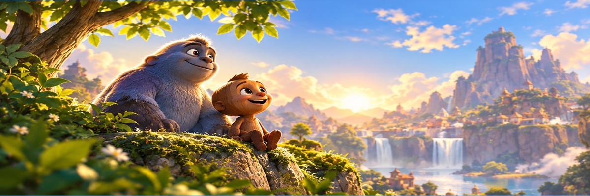 Wooden animated character and a friendly furry companion overlooking a colorful fantasy valley, representing the multilingual voice cast of Woodo across eight languages.