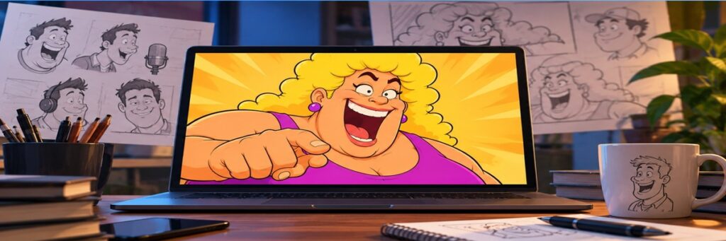 Colorful cartoon character laughing and pointing from a laptop screen, with animation sketches in the background, representing Brock Baker’s viral Yo Mama voiceover videos.