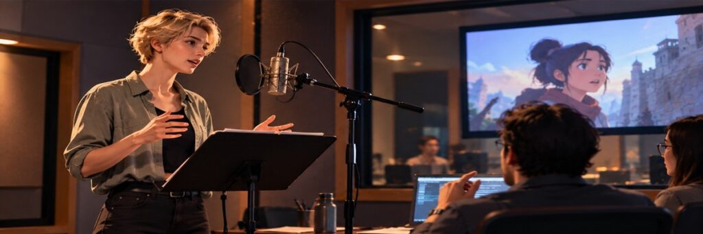 Short-haired blonde voice actress performing dialogue during a professional dubbing session while a director provides guidance and an animated scene plays in the background.