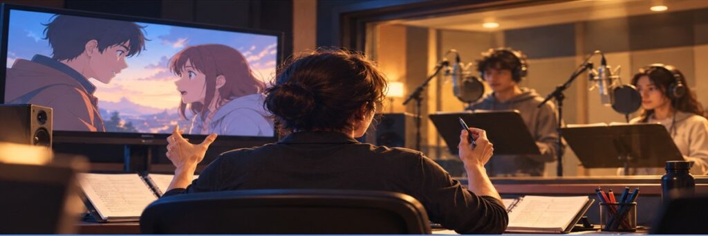 Dubbing director guiding two voice actors during a recording session while an animated scene plays on a studio monitor.