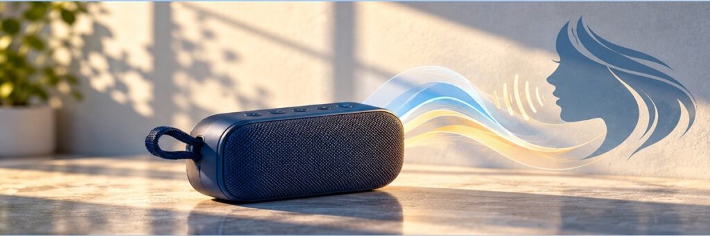 Bluetooth speaker with flowing audio waves and a female silhouette, representing Kristen DiMercurio’s voice behind familiar Bluetooth audio prompts.