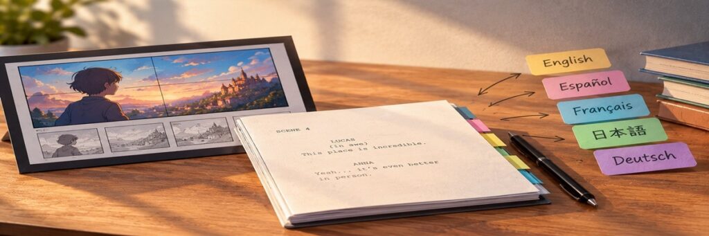 Screenplay and storyboard on a desk with notes identifying different languages, illustrating how dialogue is adapted for international dubbing.