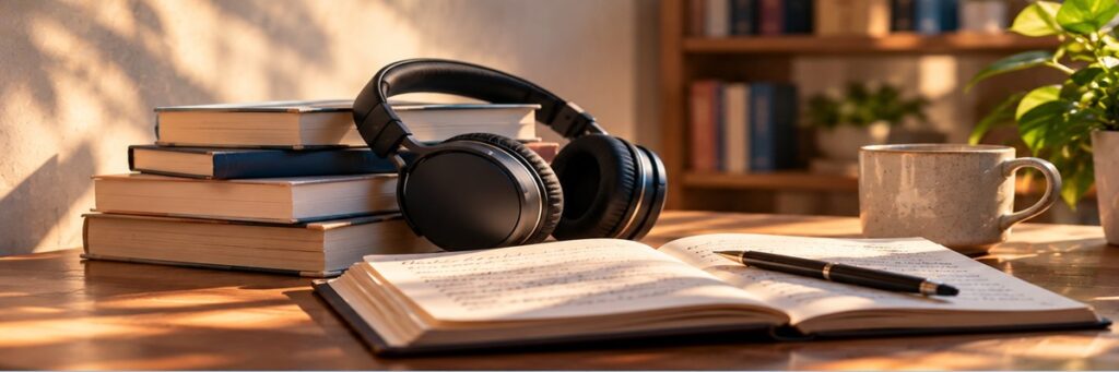 Stack of books with headphones, an open notebook, and a pen on a wooden desk, representing authors considering narrating their own audiobooks.