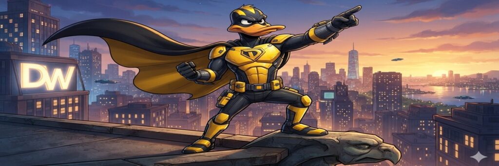 Heroic cartoon superhero duck in a black and yellow suit with a cape, standing on a rooftop overlooking a sunset cityscape.
