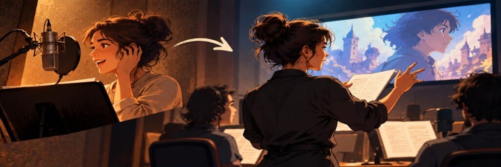 Voice actress transitioning from recording dialogue to directing a dubbing session, illustrating how voice actors become dubbing directors.