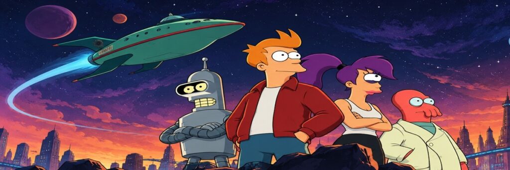 Futurama-inspired cartoon ensemble featuring a futuristic spaceship, robot, and alien characters against a colorful science-fiction city skyline.