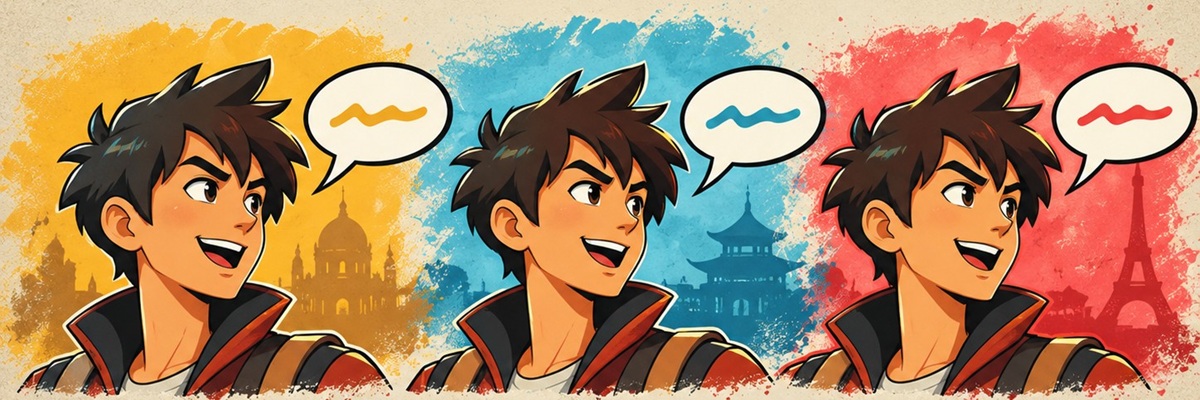 Three matching cartoon character portraits against colorful backgrounds with speech bubbles, illustrating consistent character voices across dubbed languages.