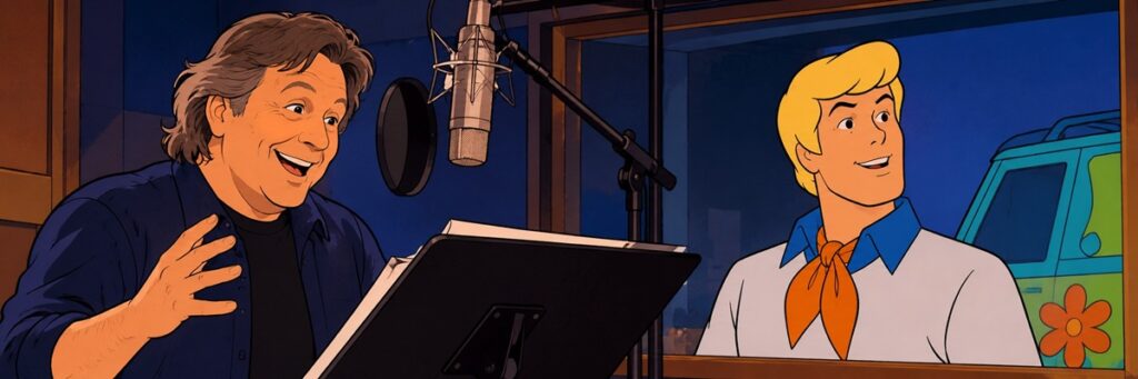 Frank Welker voicing Fred Jones from Scooby-Doo in a nostalgic 1990s cartoon-style recording studio, with the Mystery Machine in the background.