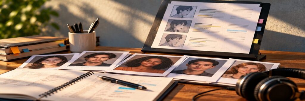 Voice actor headshots, audition notes, and character reference sheets arranged on a casting desk, illustrating how studios select voice actors for dubbed productions.