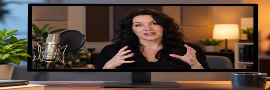 Female voice acting coach with long, wavy black hair teaching vocal techniques through an online video displayed on a computer monitor.