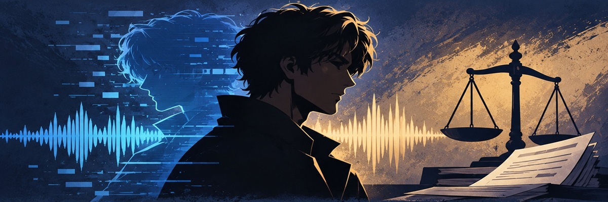 Stylized human profile alongside a glitching digital duplicate, audio waveforms, and scales of justice, representing the legal dispute over AI voice cloning involving Kenjiro Tsuda.