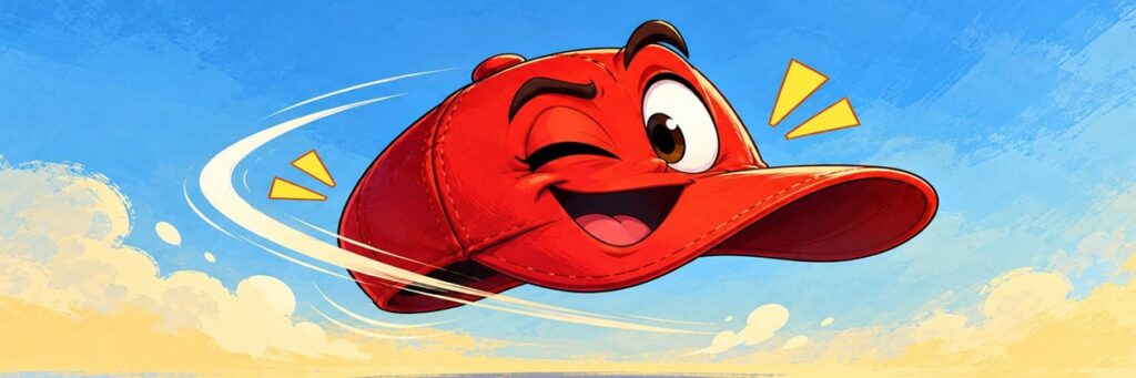 Playful red cartoon cap winking and smiling against a blue illustrated background, representing Nolan Winking’s viral Cappy voice audition.