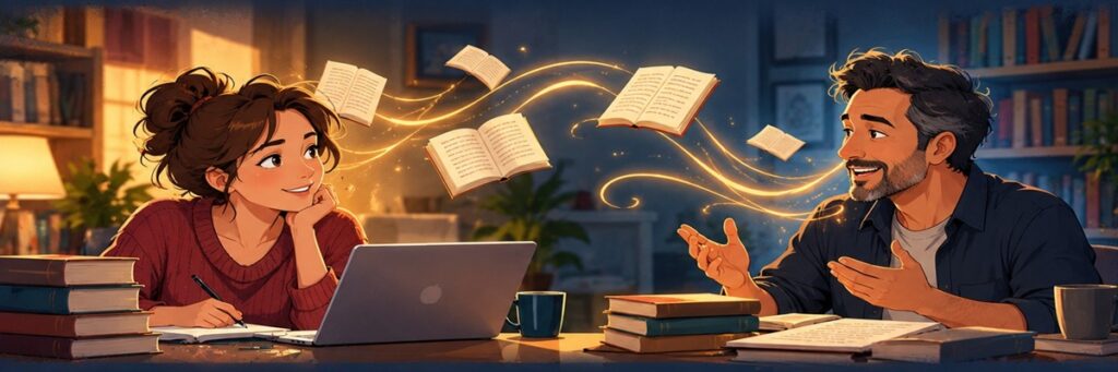 An audiobook narrator and author discussing a creative project across a table, with illustrated books and glowing pages symbolizing their collaboration.