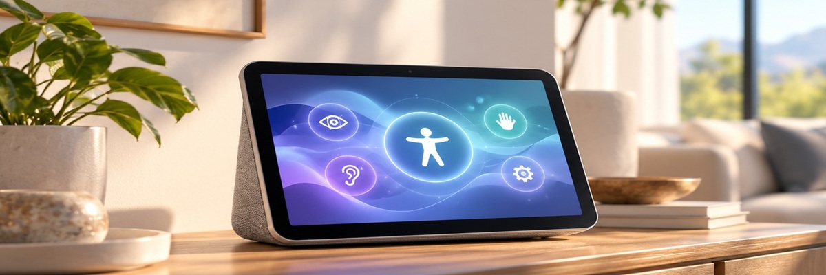 Modern smart home display illustrating Apple's HomeView accessibility features, including VoiceOver, Live Speech, and voice-based controls.