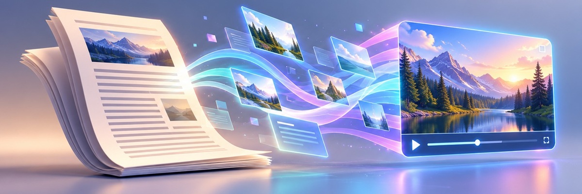 Digital illustration of a written article transforming into a narrated video, representing Mango AI's new article-to-video generator with AI voiceovers.
