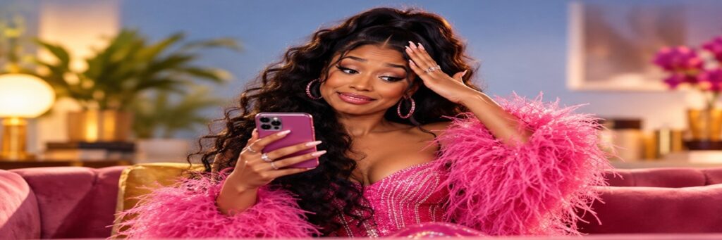 Female pop star holding a smartphone, illustrating Nicki Minaj's improvised voiceover after a recording mishap.