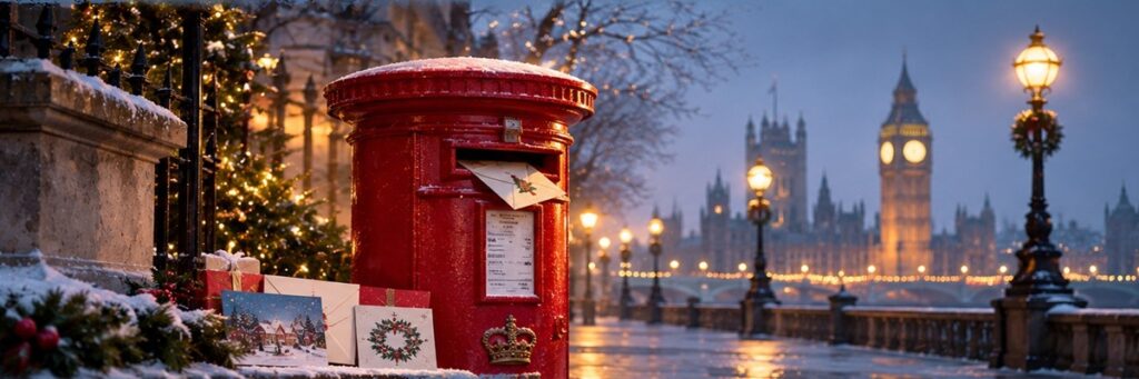 Traditional British red postbox in a Christmas setting illustrating the Royal Mail AI voiceover controversy involving late BBC narrator Paul Vaughan.